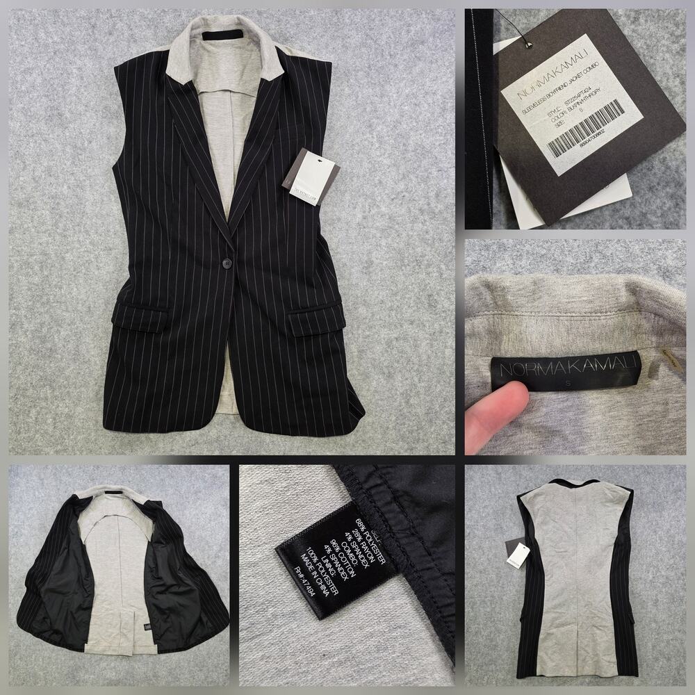 Norma‎ Kamali Jacket Womens Small Black Pinstripe Gray Sleeveless Boyfriend Vest